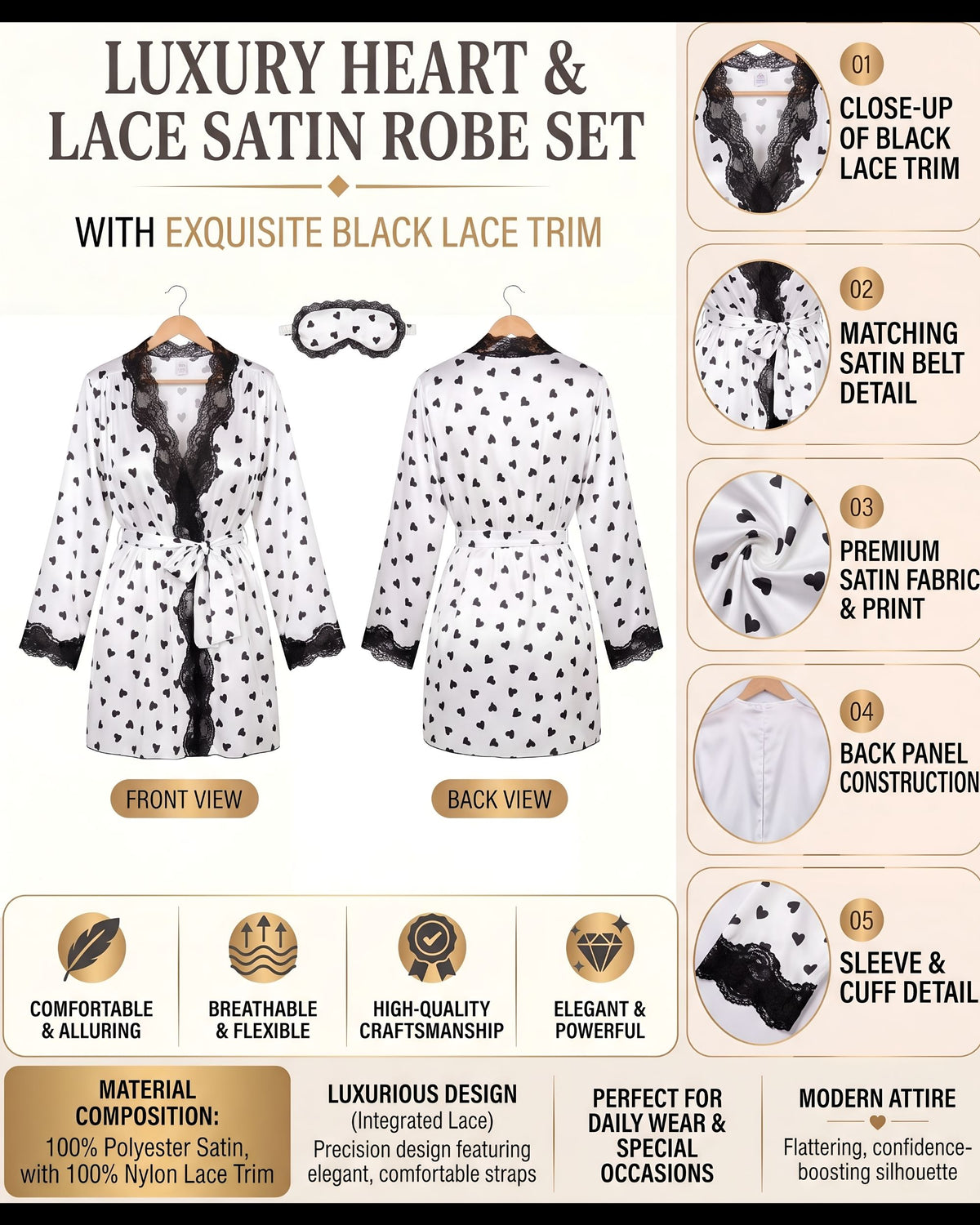 Linsori Charmeuse Heart Print Kimono Robe -  Product detail view