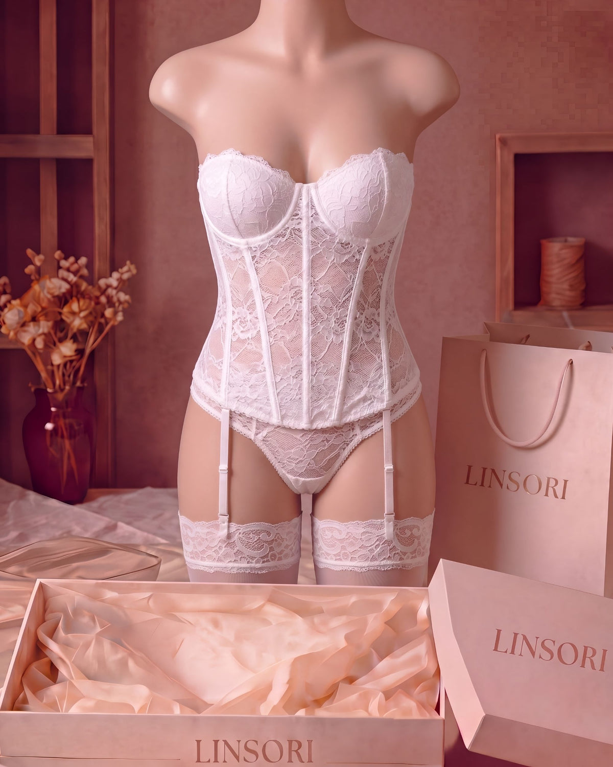 Linsori Pearl Sweetheart Lace Corset Set - Mannequin View