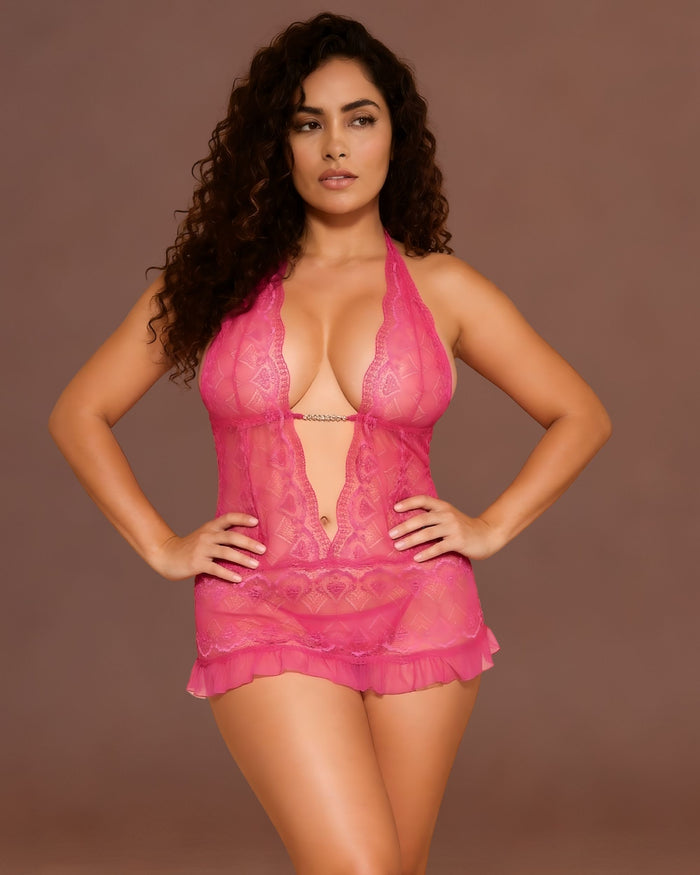 Linsori Hot Pink Rhinestone Babydoll - Front view 