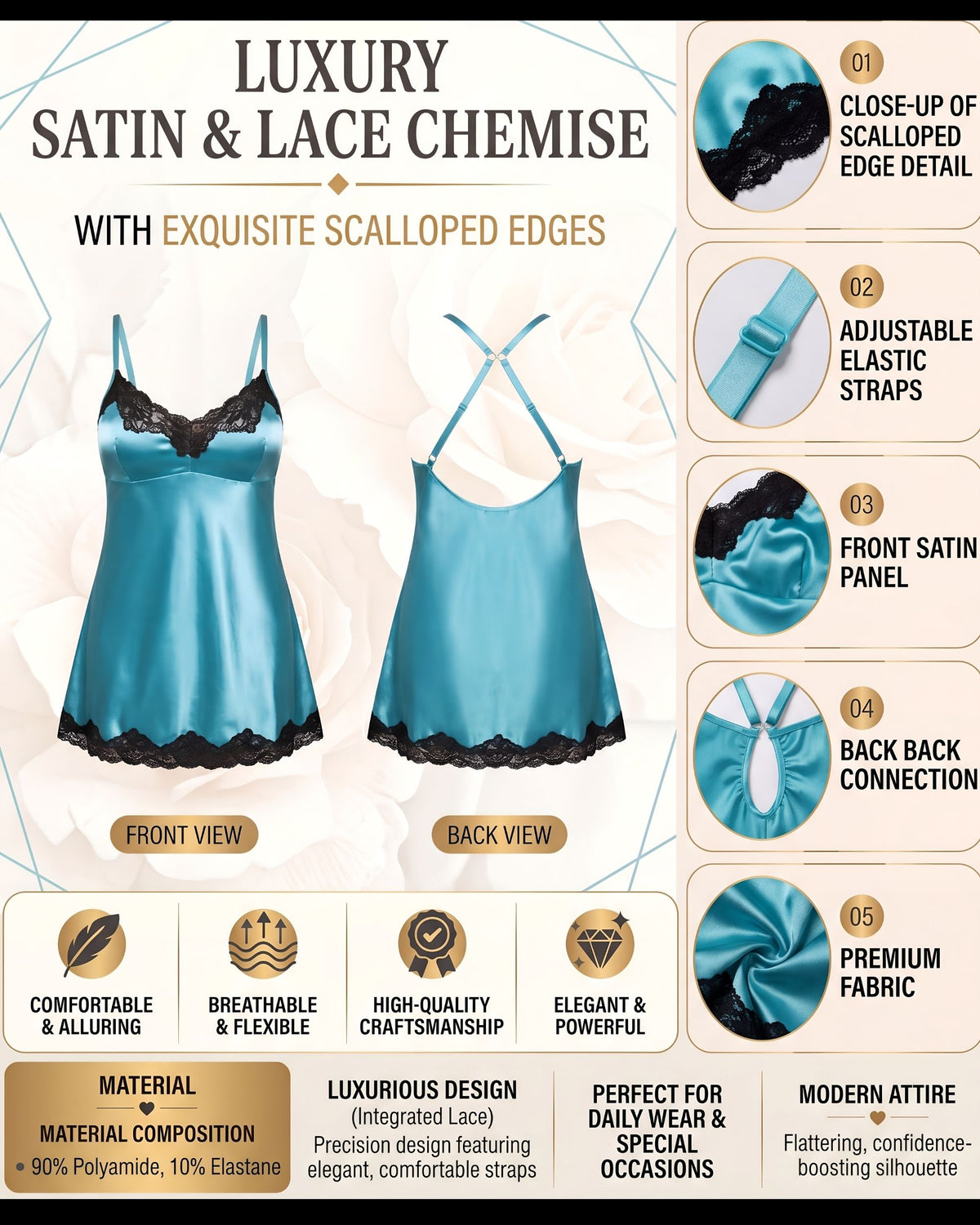 Linsori Peacock Charmeuse Scalloped Lace Chemise -  Product detail view