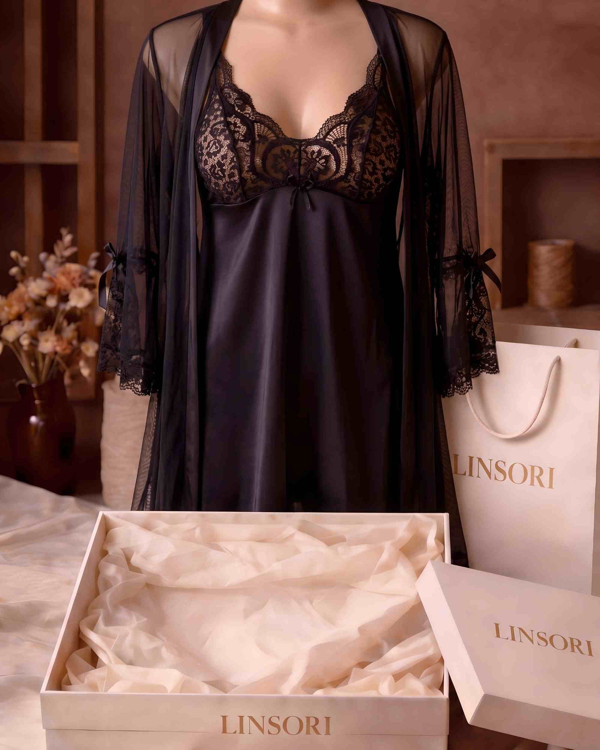 Linsori Midnight Lace Three-Piece Babydoll Set - Mannequin View