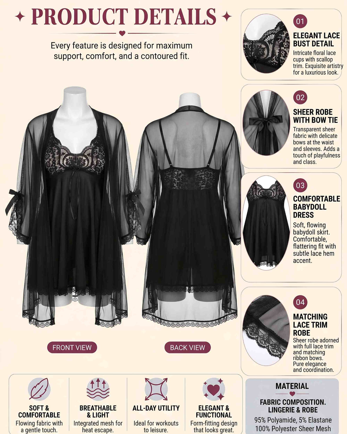 Linsori Midnight Lace Three-Piece Babydoll Set -  Product detail view