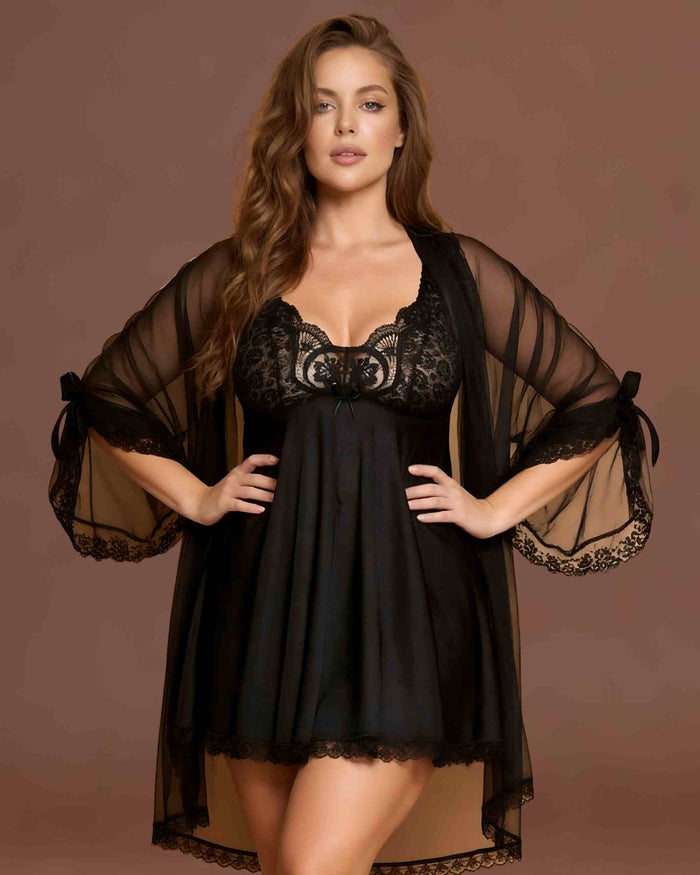 Linsori Midnight Lace Three-Piece Babydoll Set - Front view 