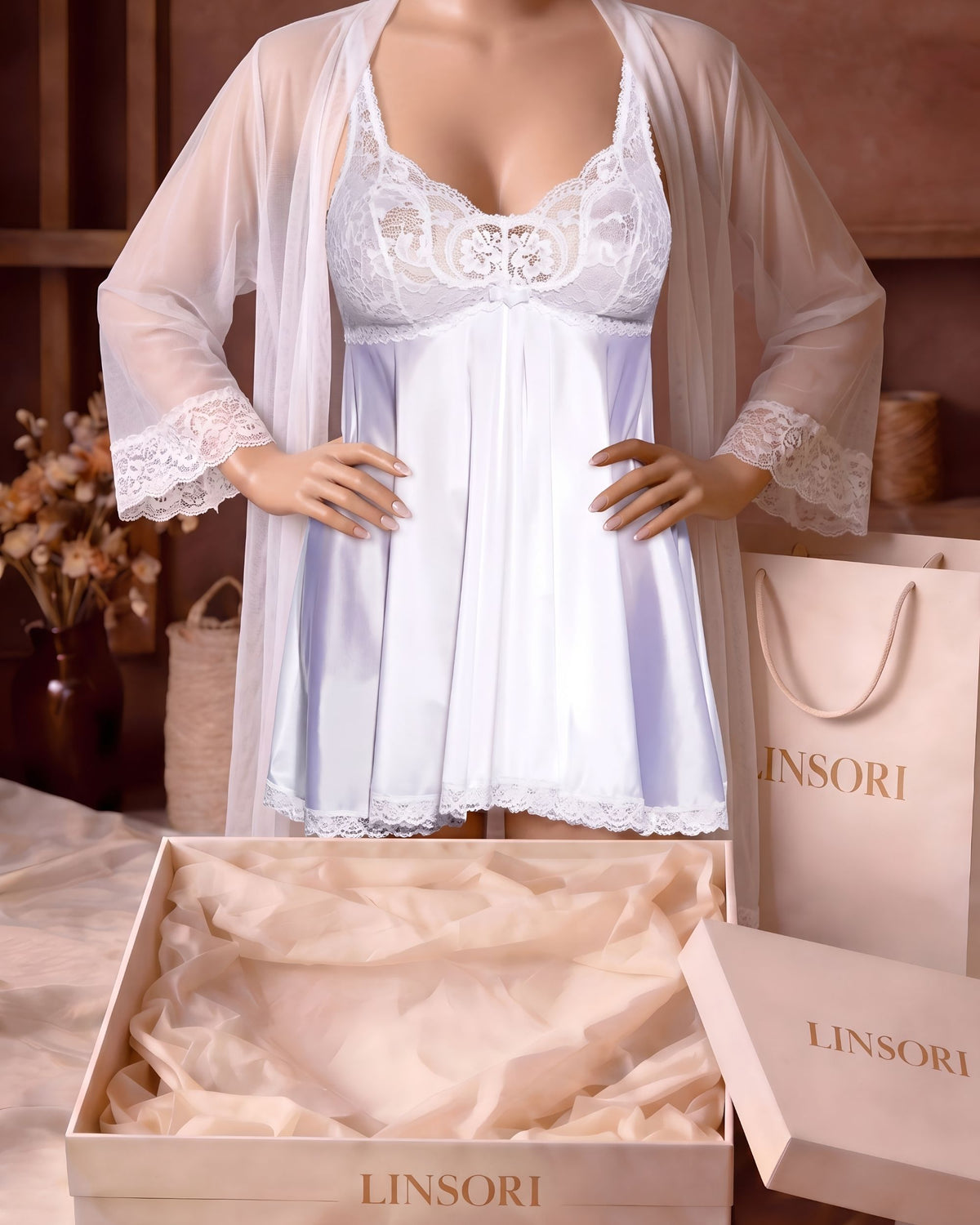 Linsori Pearl Three-Piece Babydoll Peignoir Set - Mannequin View