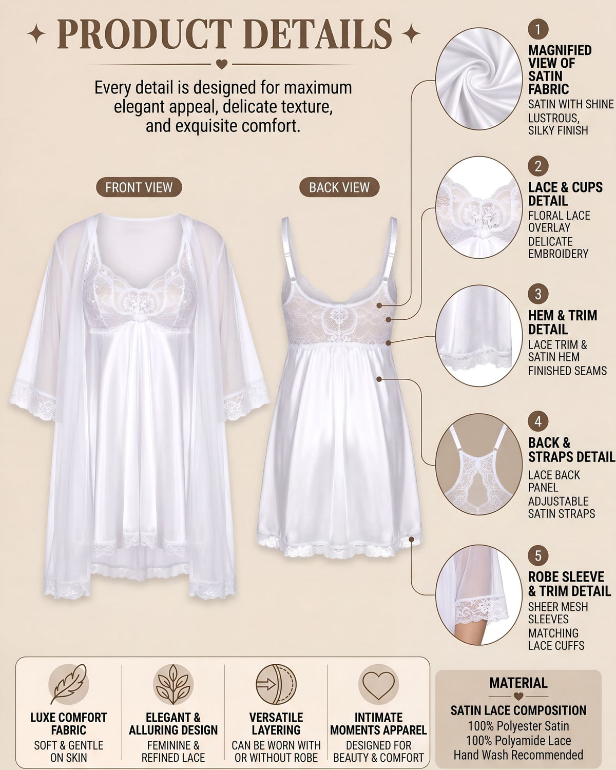Linsori Pearl Three-Piece Babydoll Peignoir Set -  Product detail view