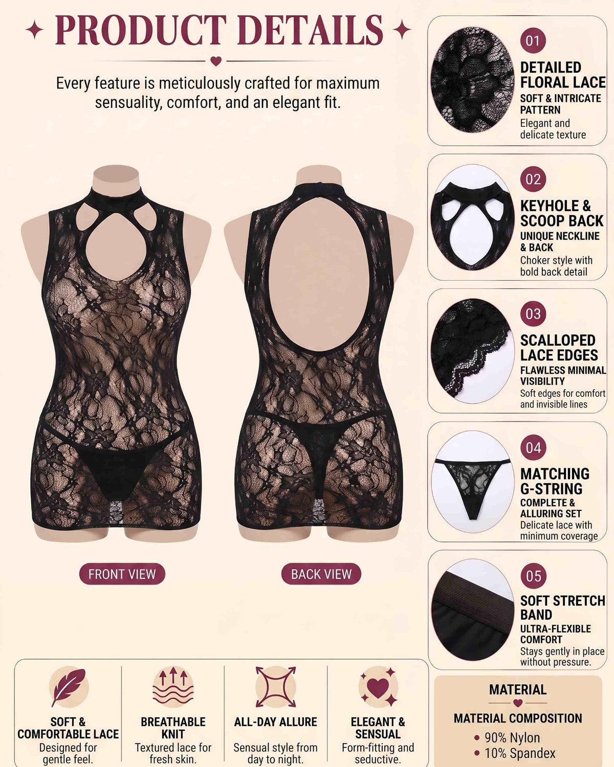 linsori - Noir Lace Keyhole Chemise - product detail