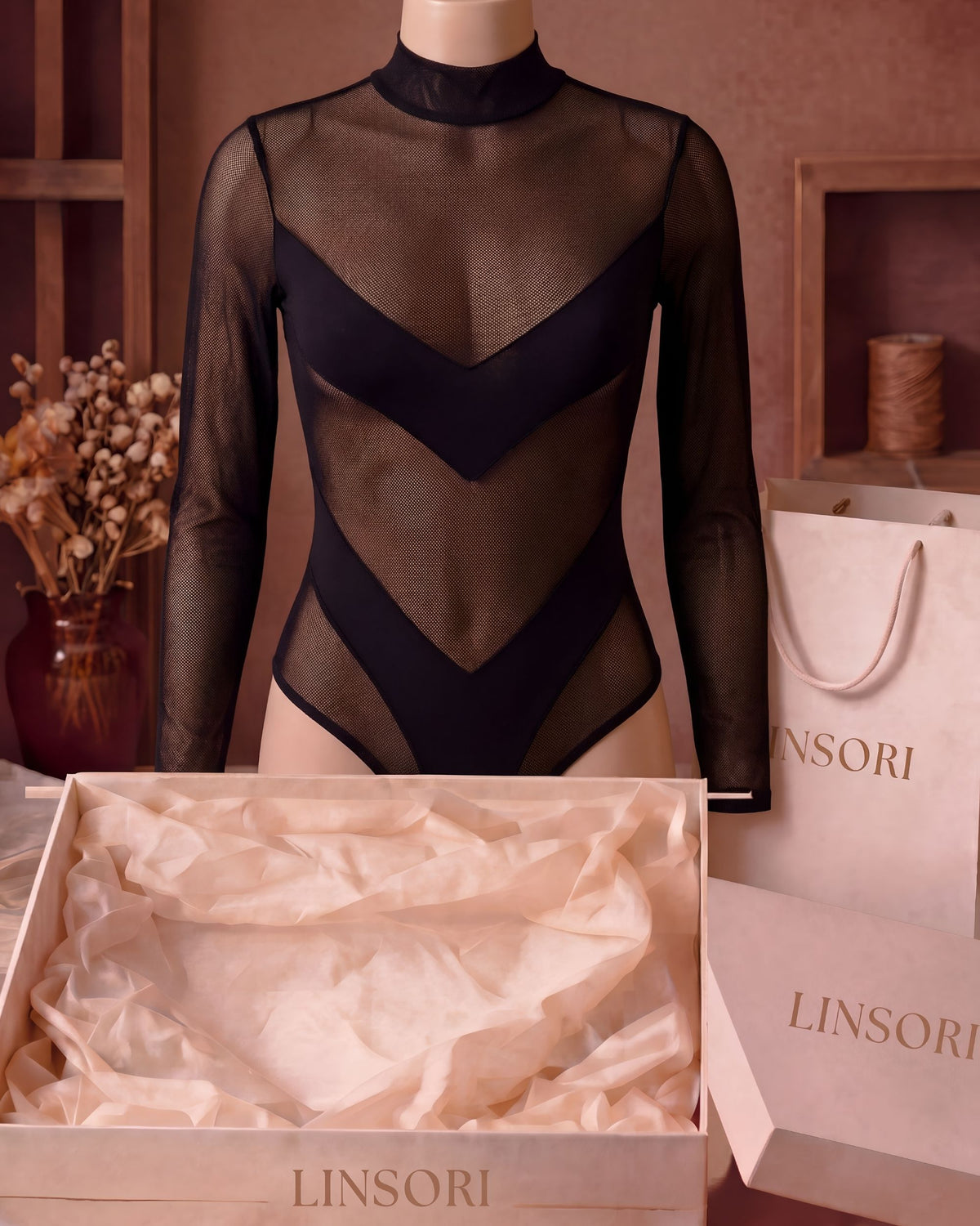 Linsori Noir Chevron Lace Teddy - Mannequin View