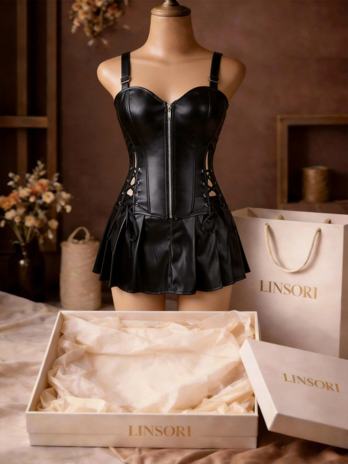 YesX YX897 Faux Leather Corset & Skirt