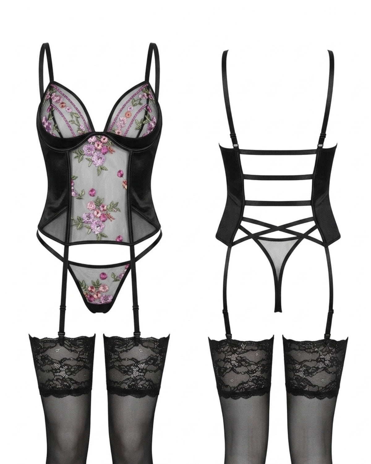Linsori Onyx Floral Embroidered Corset Set - view 8