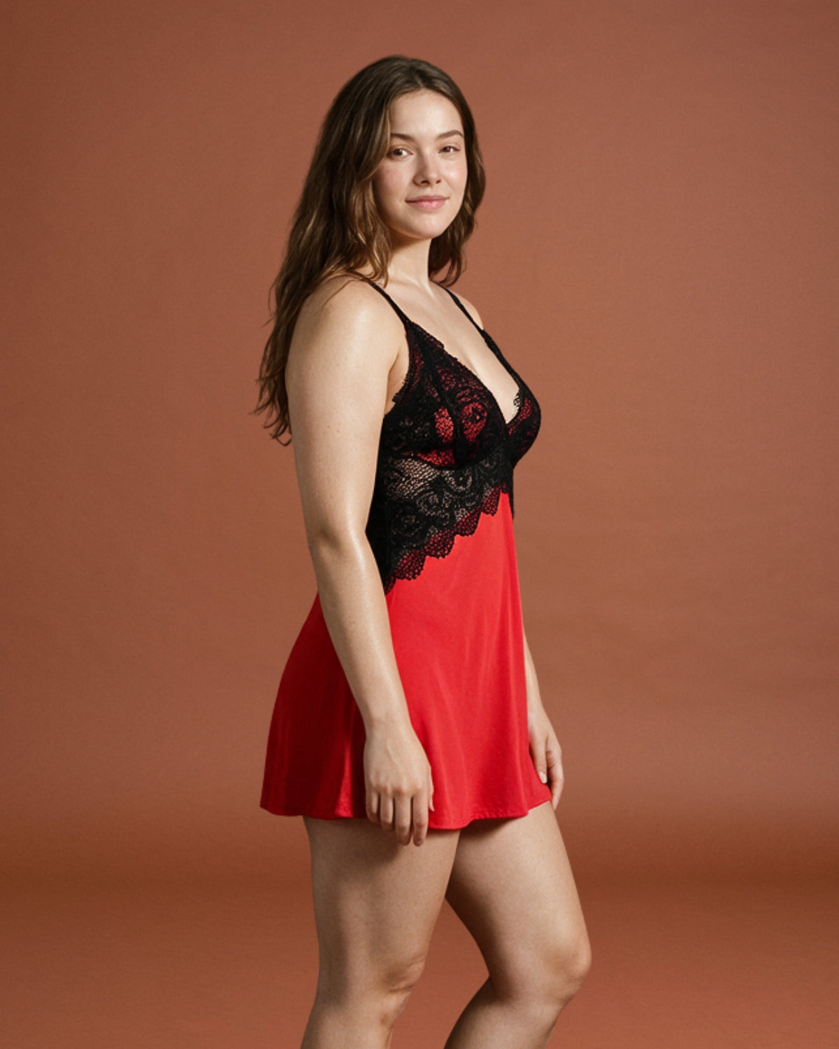 Linsori Crimson Satin Lace Chemise Plus Size -  Right view