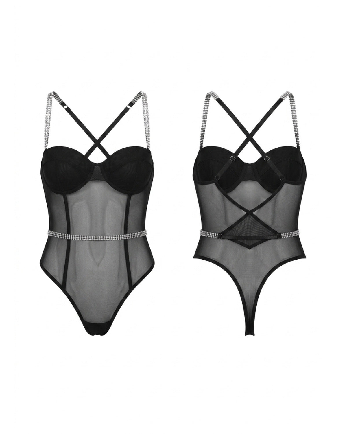 Linsori Diamante Noir Sheer Bodysuit Plus Size - White background view 