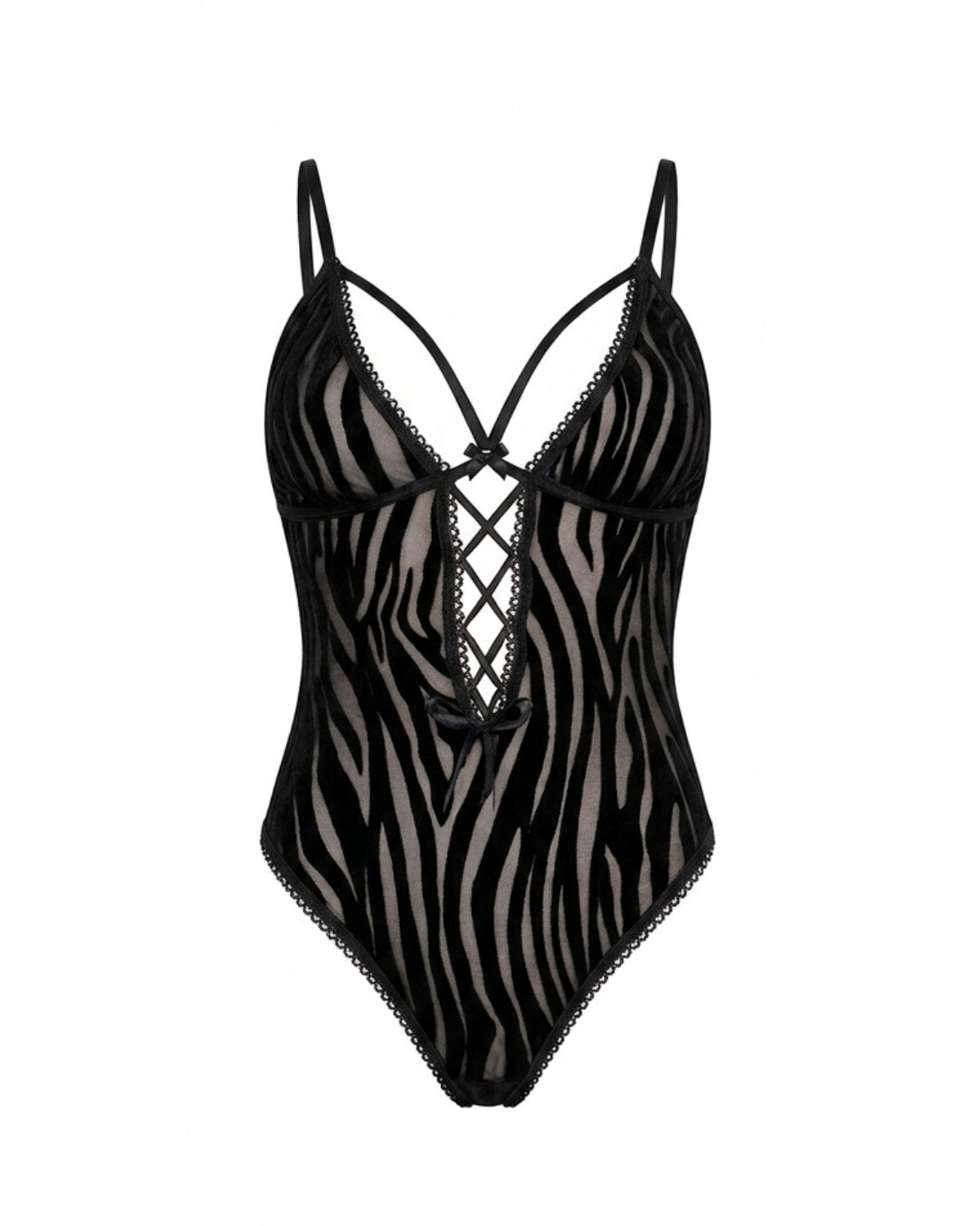 Linsori Noir Zebra Flock Bodysuit - White background view