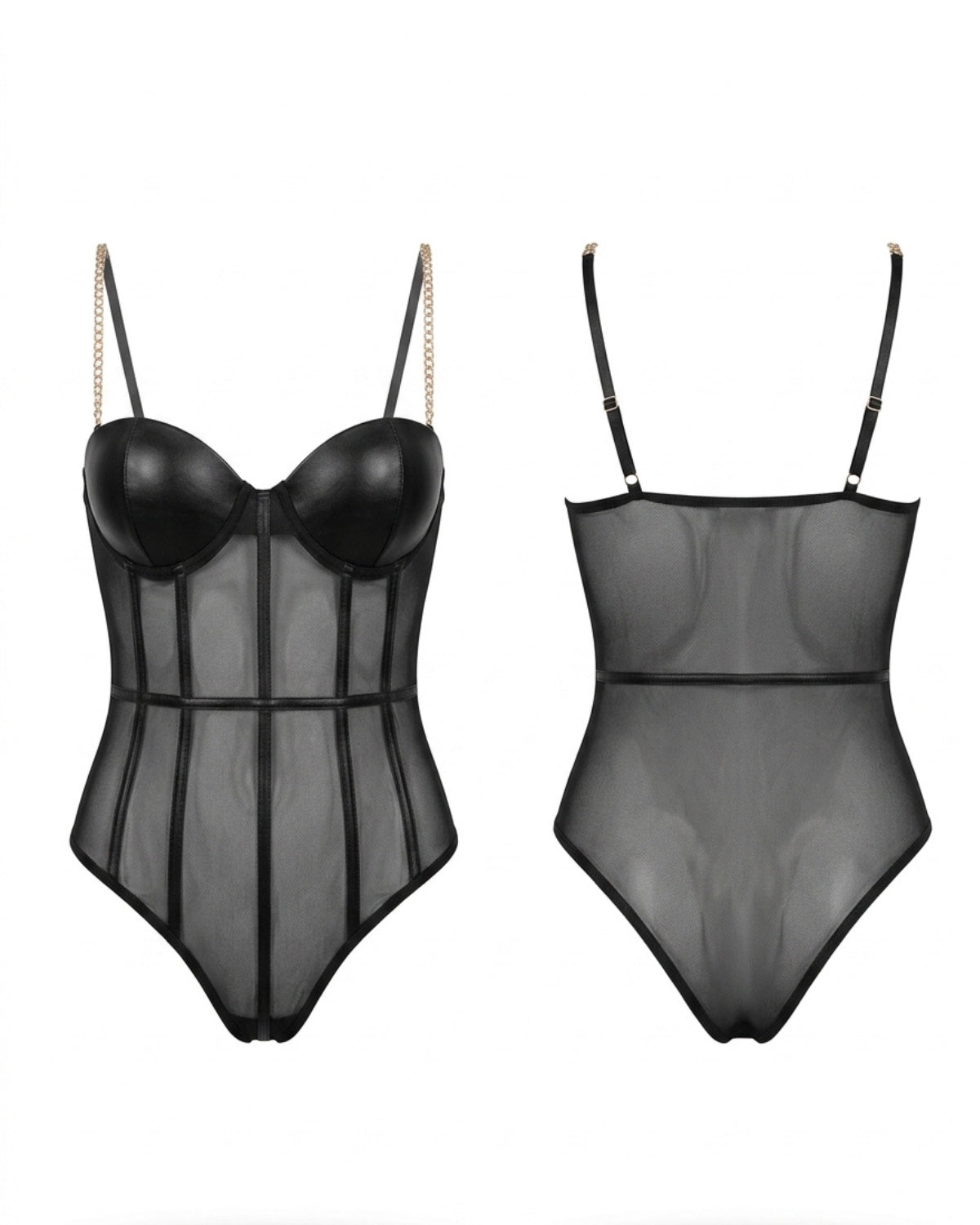 Linsori Onyx Sheer Chain Strap Bodysuit Plus Size - White background view