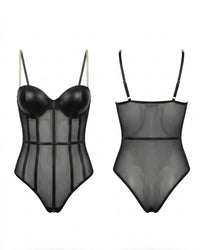 Linsori Onyx Sheer Chain Strap Bodysuit Plus Size - White background view