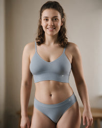 Linsori Storm Grey Sand Seamless TENCEL™ Bralette - Lifestyle view