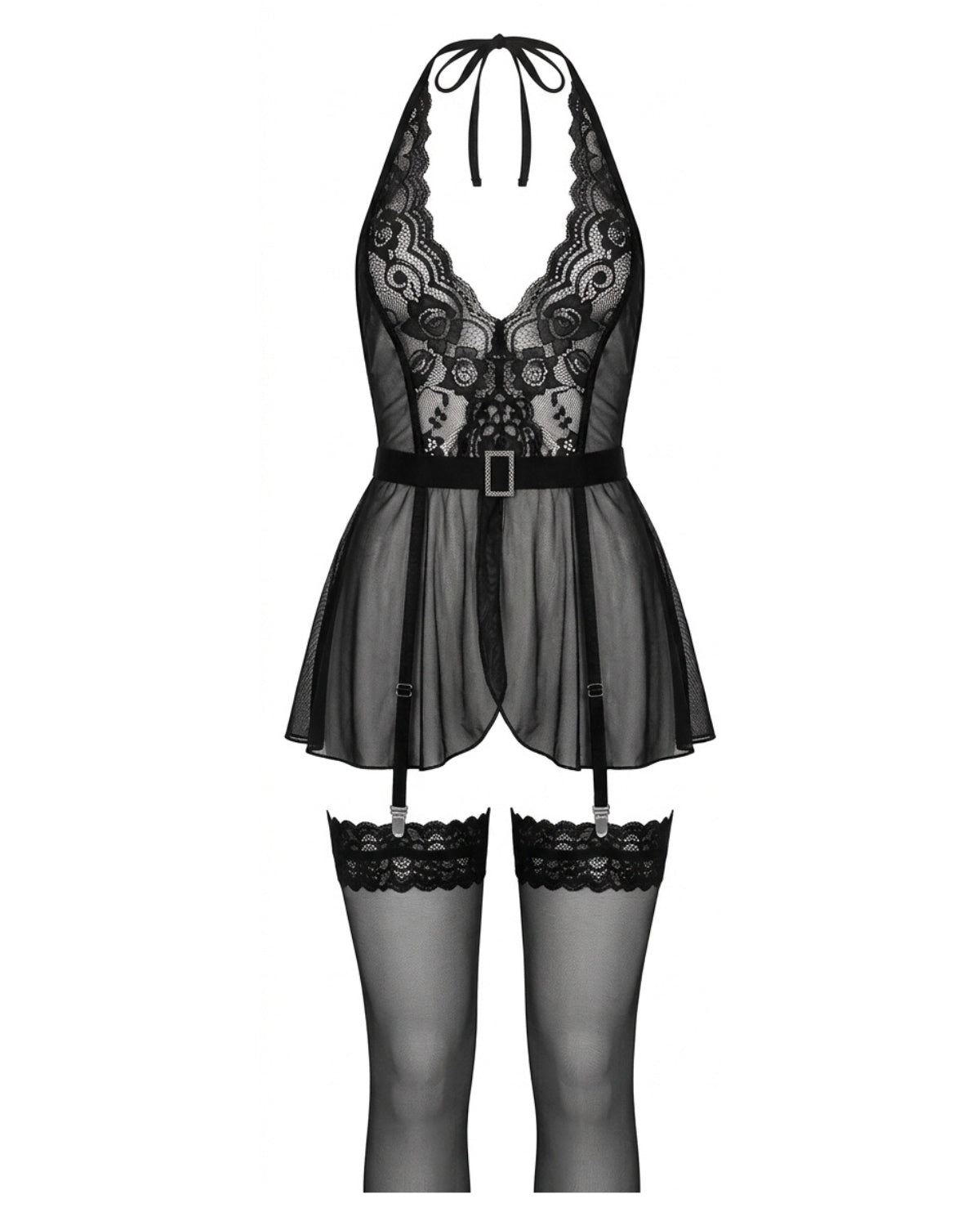Linsori Noir Halterneck Babydoll with Suspenders - White background view
