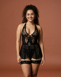 Linsori Noir Halterneck Babydoll with Suspenders - Front view 