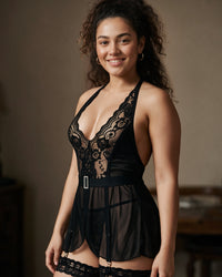 Linsori Noir Halterneck Babydoll with Suspenders - Lifestyle view