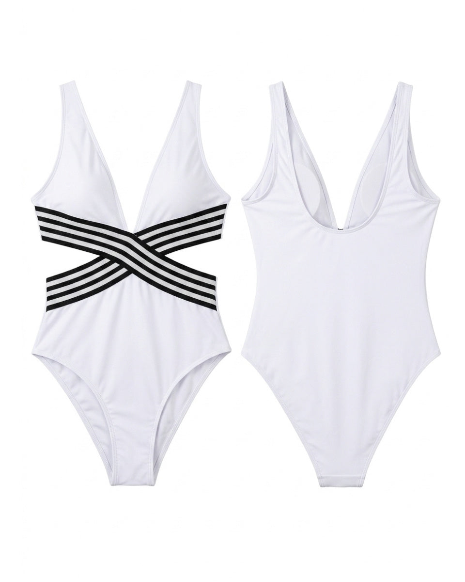Linsori Pearl Plunge Cut-Out Swimsuit - White background view