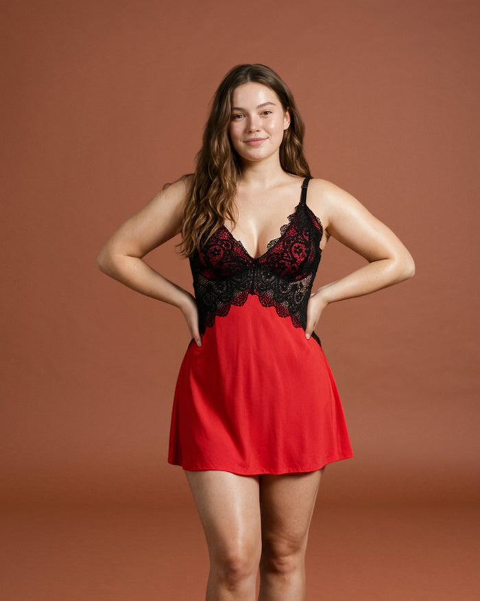 Linsori Crimson Satin Lace Chemise Plus Size - Front view 