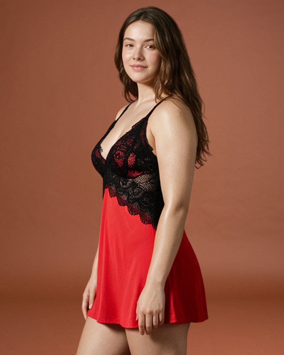 Linsori Crimson Satin Lace Chemise Plus Size -  Left view