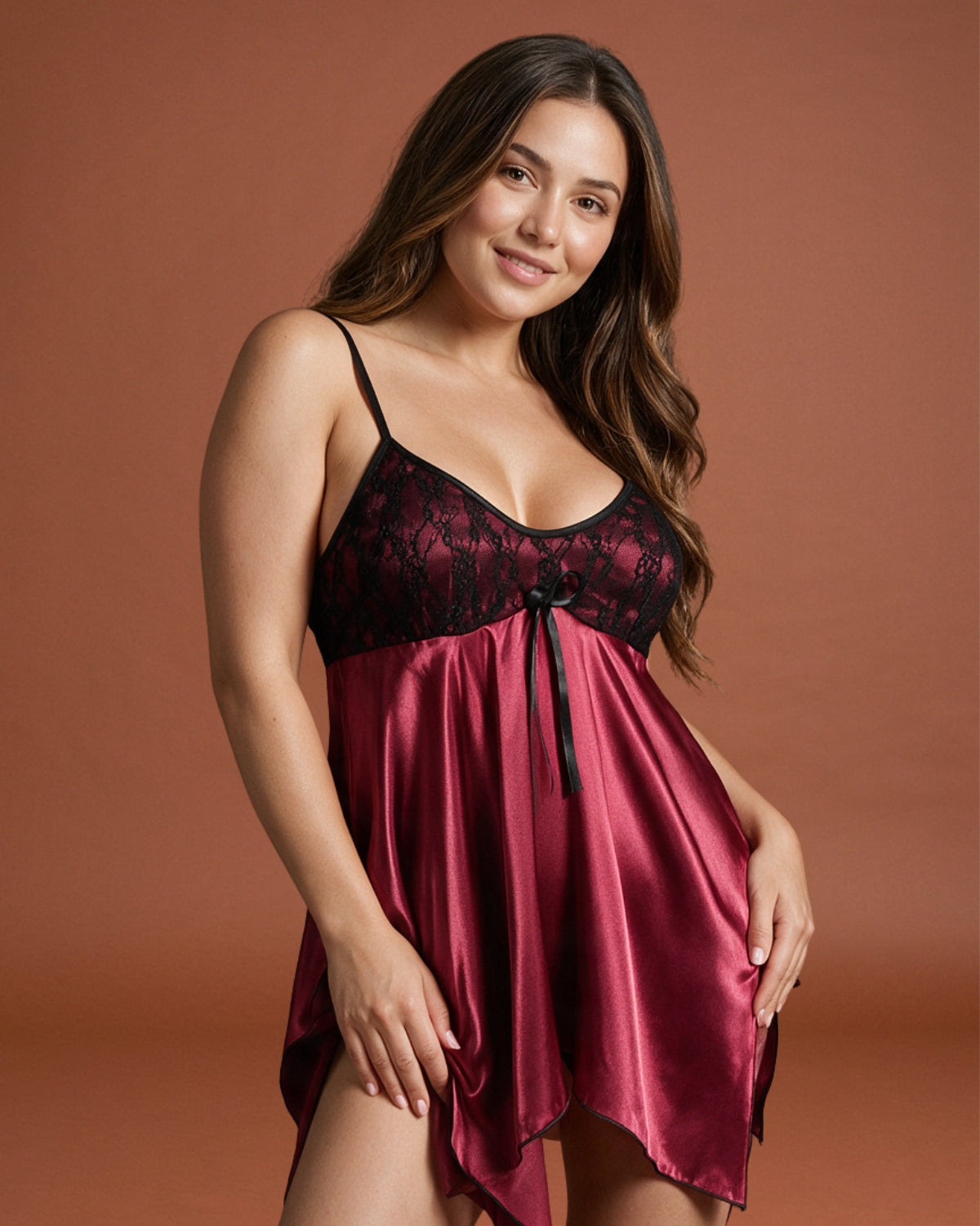 Linsori Amethyst Satin Lace Chemise Plus Size - Styled view
