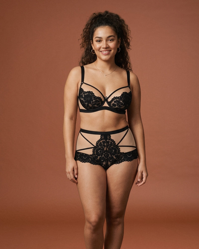 Linsori Noir Blossom Lace Bra & Brief Set - front view