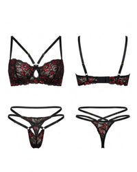 Linsori Noir Rose Embroidered Bra Set Plus Size - White background view