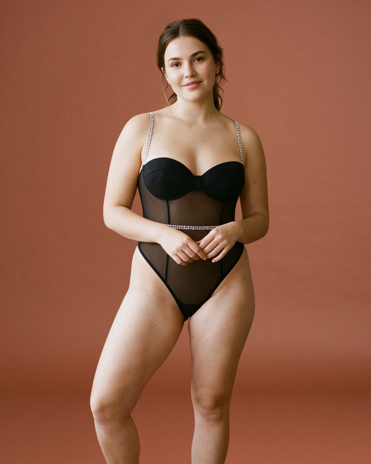 Linsori Diamante Noir Sheer Bodysuit Plus Size - Front view 