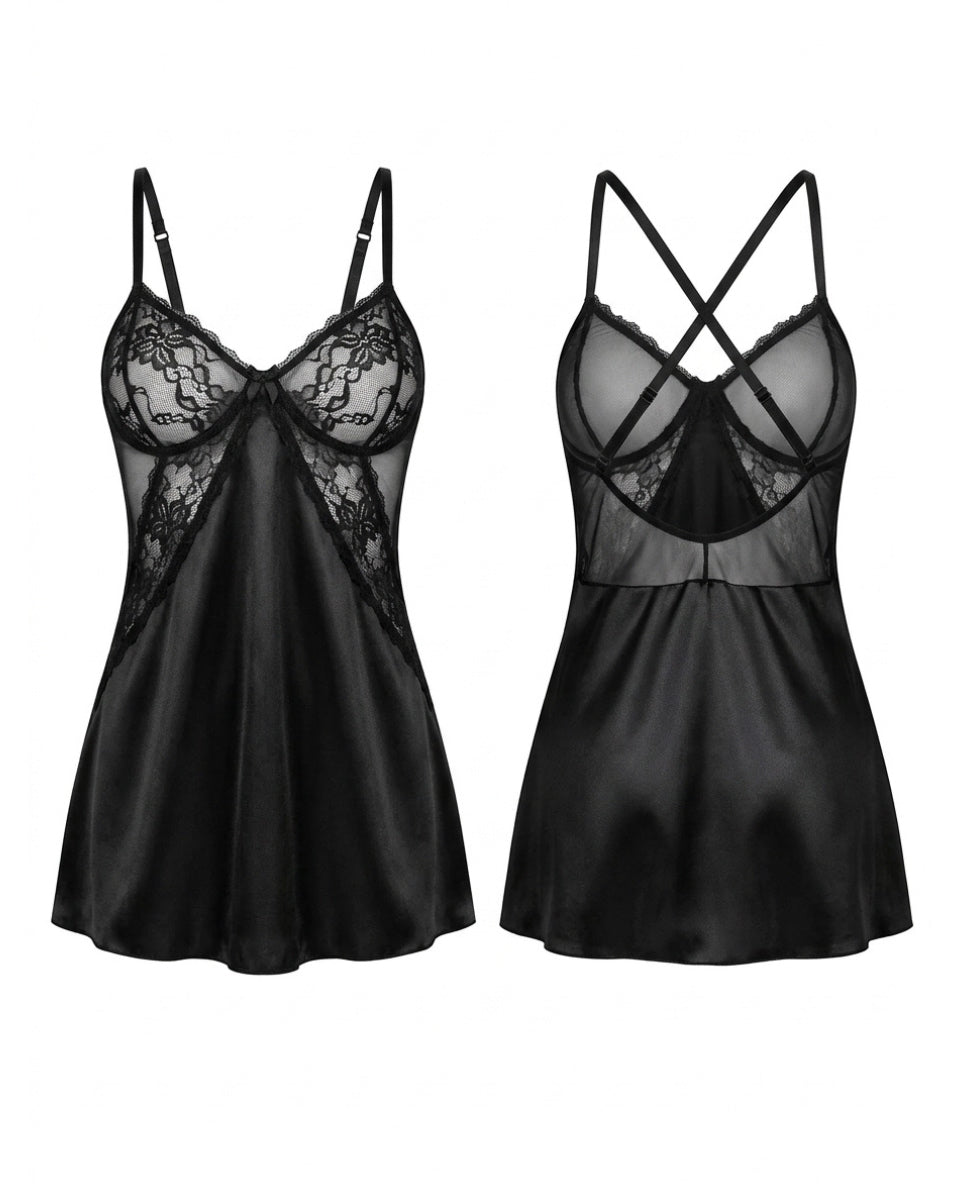Linsori Noir Satin Hourglass Chemise Plus Size - White background view