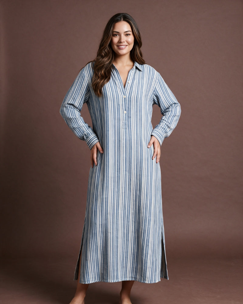 Linsori Pearl Navy Stripe Cotton Maxi Sleep Shirt - Lifestyle view