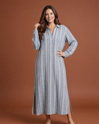 Linsori Pearl Navy Stripe Cotton Maxi Sleep Shirt - Front view 