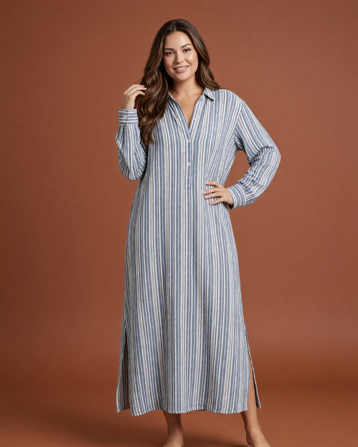 Linsori Pearl Navy Stripe Cotton Maxi Sleep Shirt - Front view 