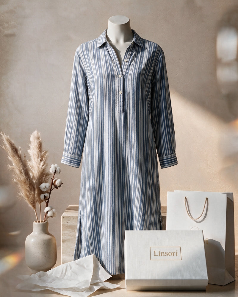 Linsori Pearl Navy Stripe Cotton Maxi Sleep Shirt - Mannequin View