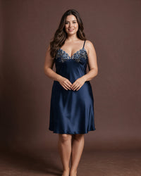 Linsori Navy Satin Elodie Nightdress -  Styled view