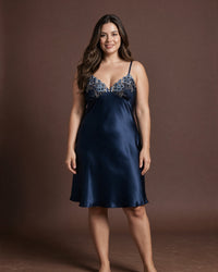 Linsori Navy Satin Elodie Nightdress - Lifestyle view