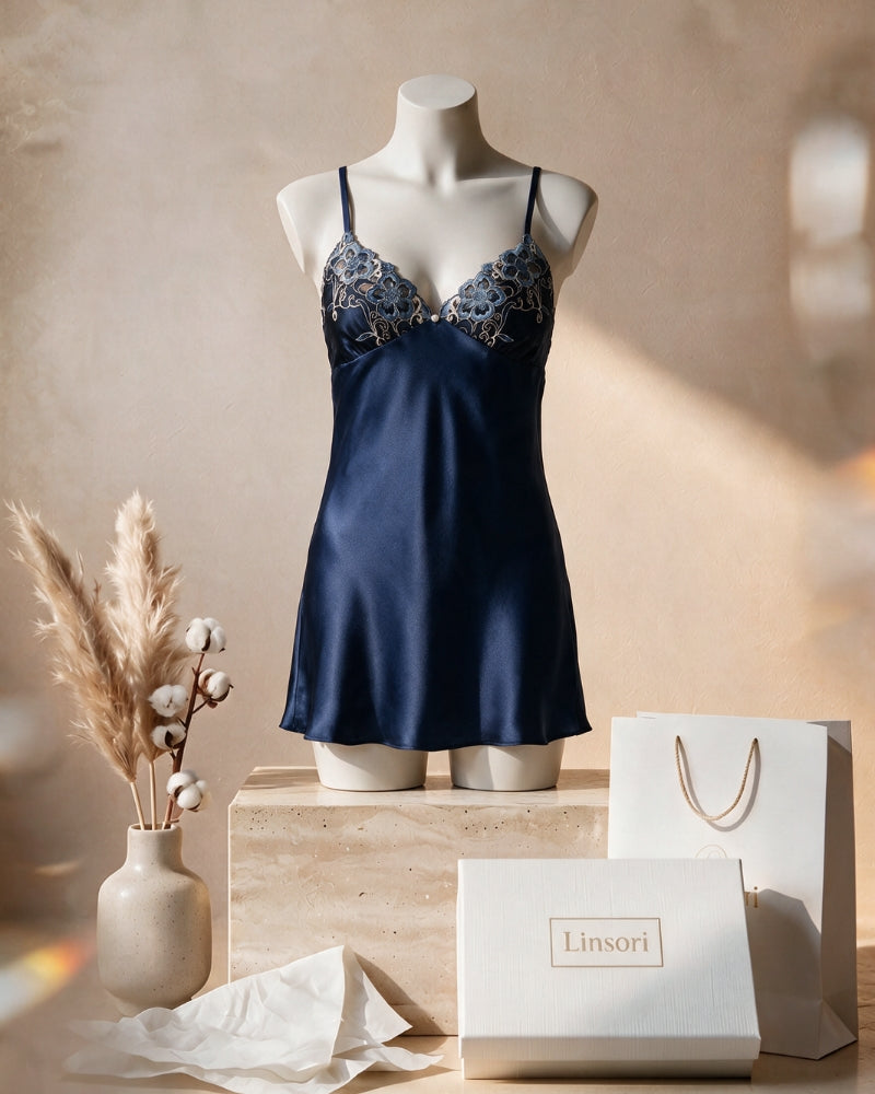 Linsori Navy Satin Elodie Nightdress - Mannequin View