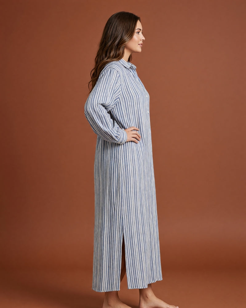 Linsori Pearl Navy Stripe Cotton Maxi Sleep Shirt -  Right view