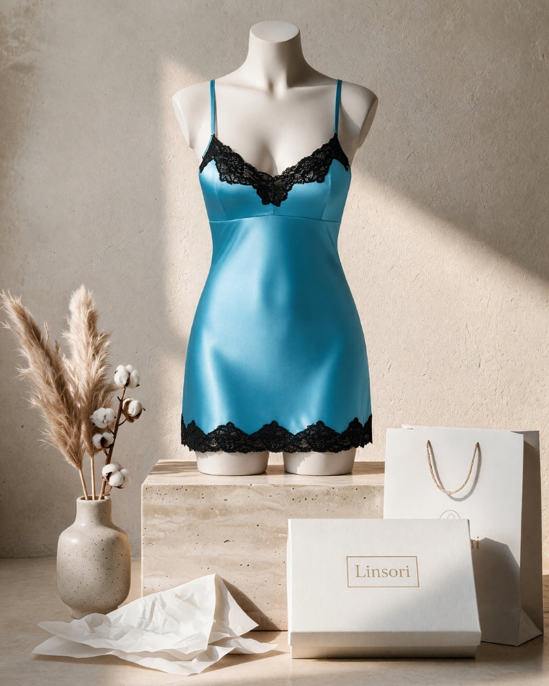 Linsori Peacock Charmeuse Scalloped Lace Chemise - Mannequin View