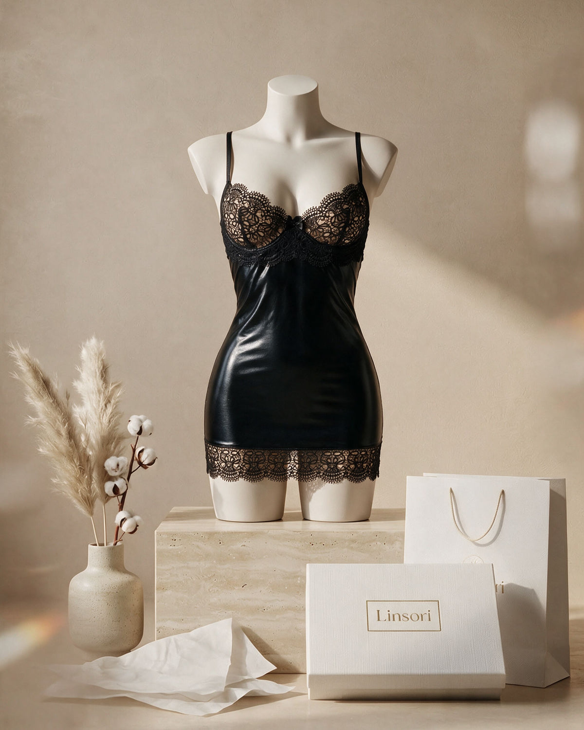 Linsori Noir Wet-Look Lace Chemise - Mannequin View