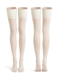 Linsori Pearl Exclusive Sheer Hold-Ups with Lace Band - White background view