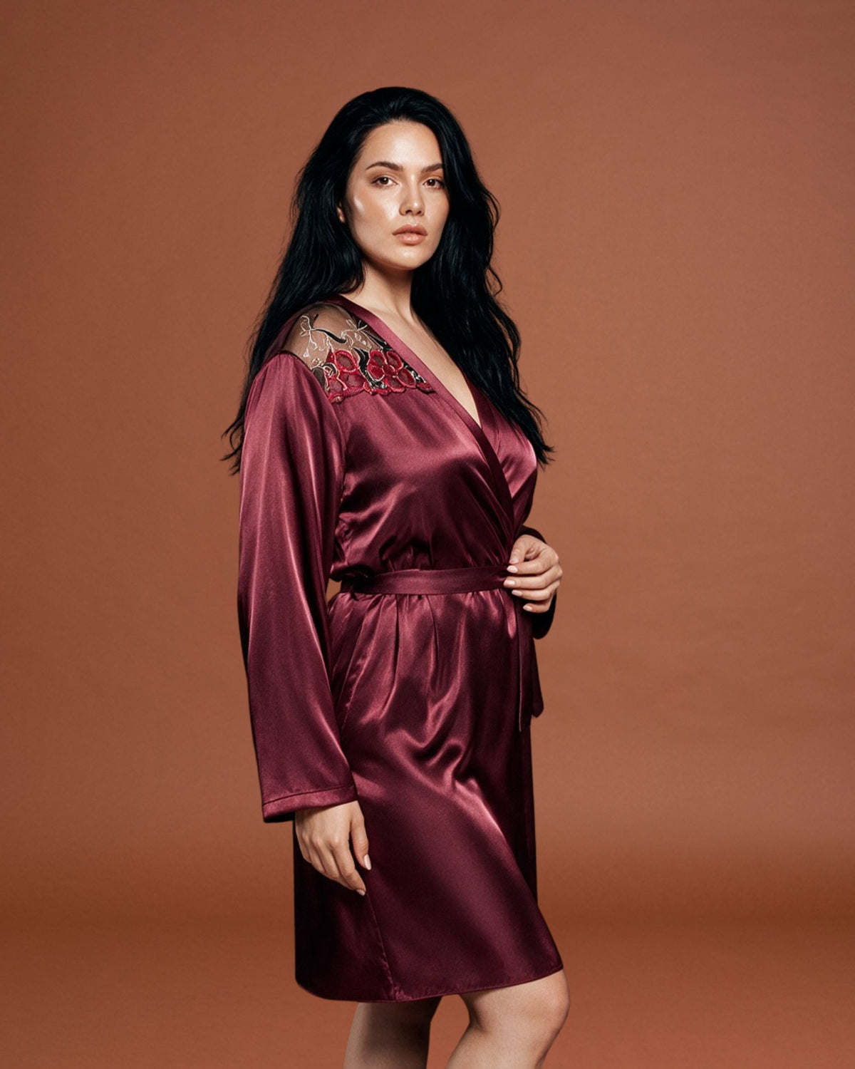 Linsori Plum Satin Embroidered Robe -  Right view