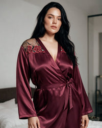 Linsori Plum Satin Embroidered Robe - Lifestyle view