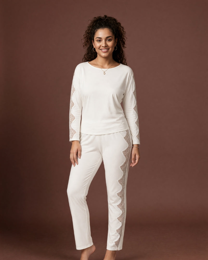 Linsori Ivory Lace Trimmed Pyjama Set - Lifestyle view