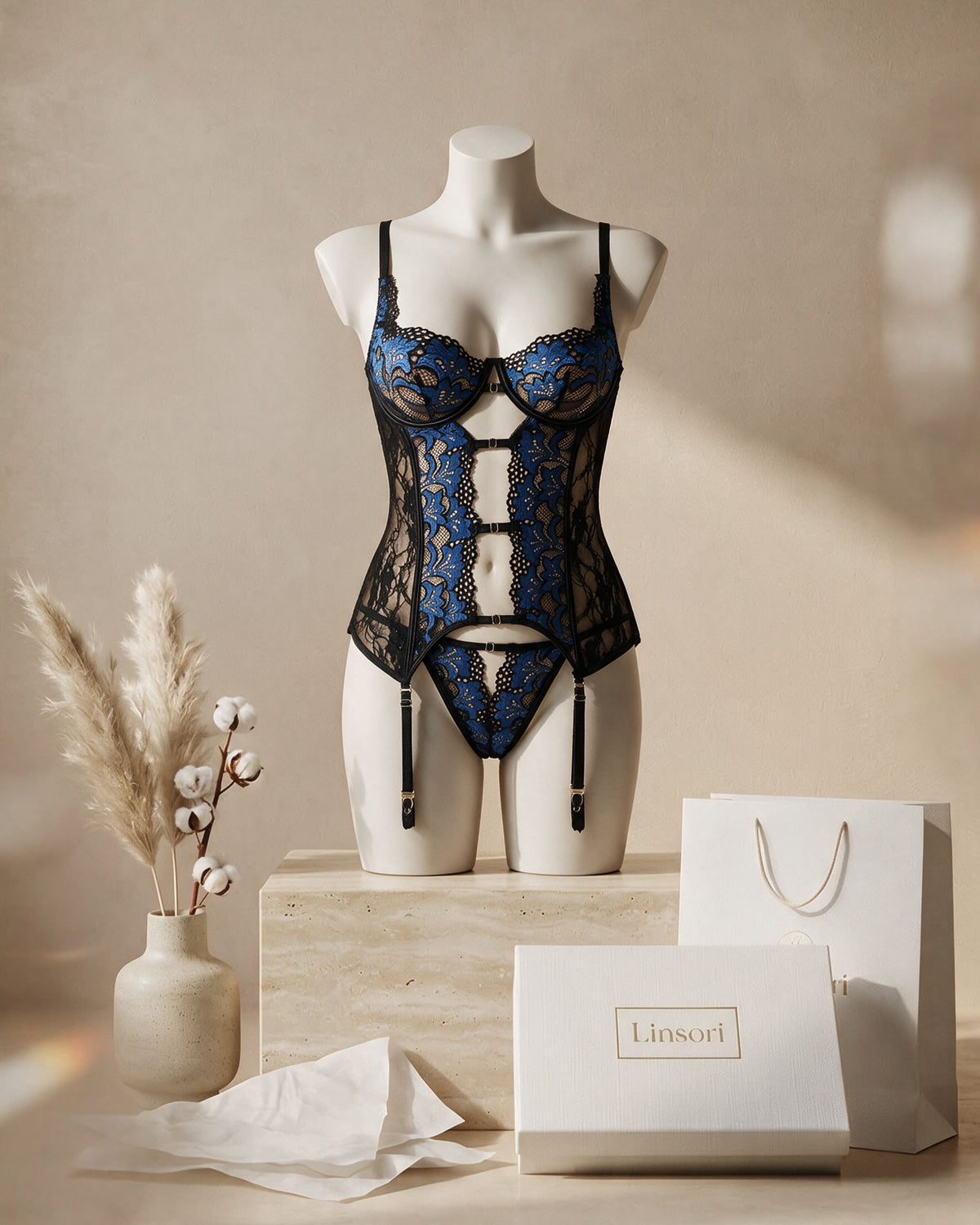 Linsori Obsidian Sapphire Lace Suspender Teddy & Panty Set - view 6