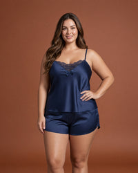 Linsori Navy Satin Lace Cami & Shorts Set - Front view 