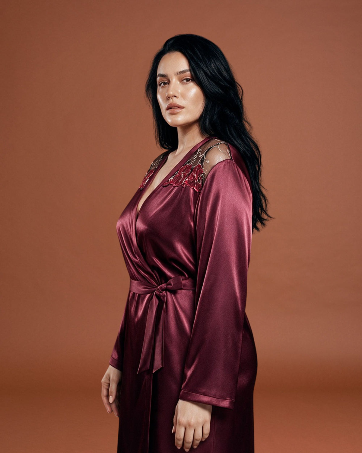 Linsori Plum Satin Embroidered Robe -  Left view