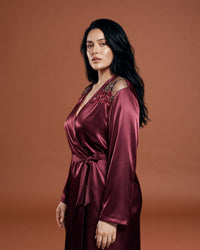 Linsori Plum Satin Embroidered Robe -  Left view