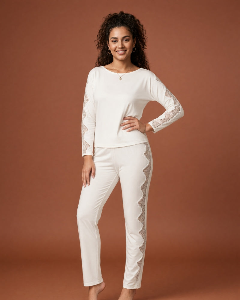 Linsori Ivory Lace Trimmed Pyjama Set - Front view 