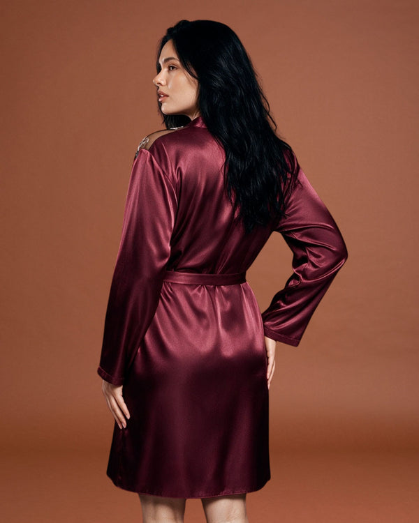 Linsori Plum Satin Embroidered Robe -  back view